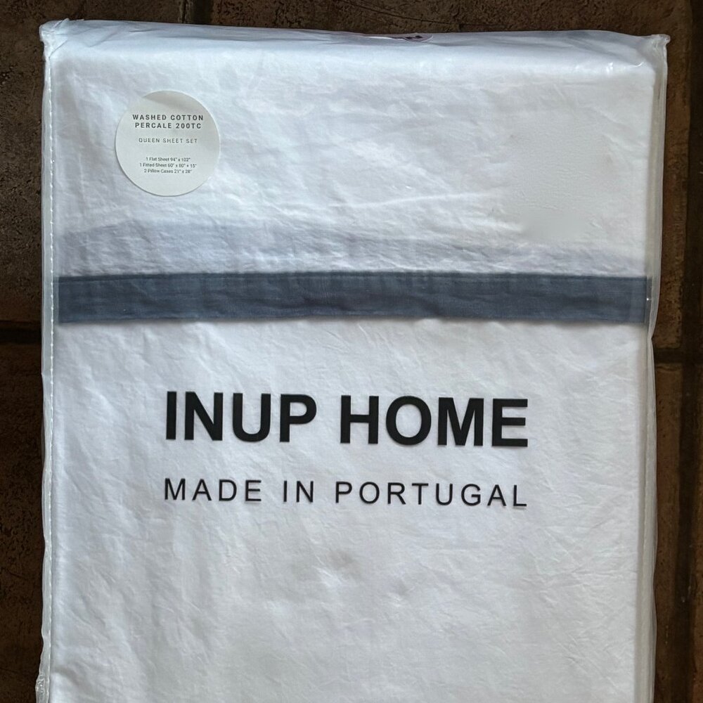 INUP HOME Portugal Washed Cotton Percale Gray/Blue Band Queen Size Sheet Set